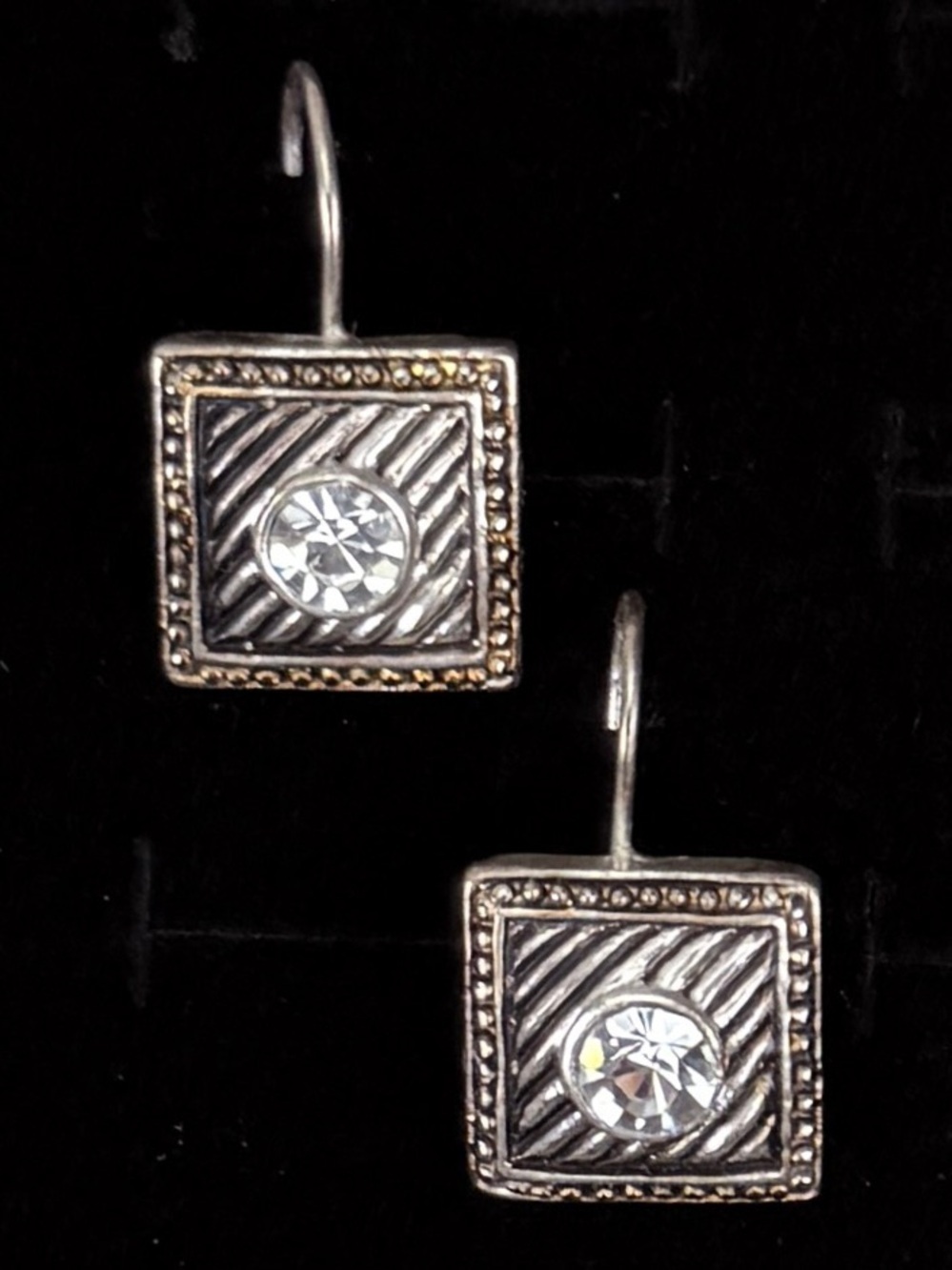 Vintage Aged Silvertone Square Crystal Drop Pierced Earrings
